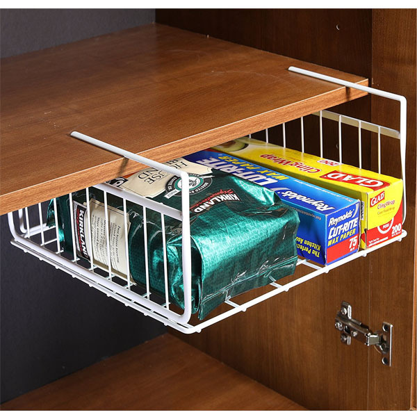 2 Packs Under Shelf Basket White Wire Foldable Under Shelf Basket Kitchen Under Shelf Storage Basket