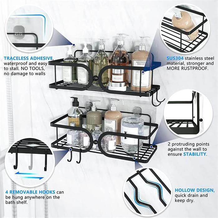 Black 2 Pack Shower Caddy Adhesive Shower Caddy Stainless Steel Shower Caddy with Hooks