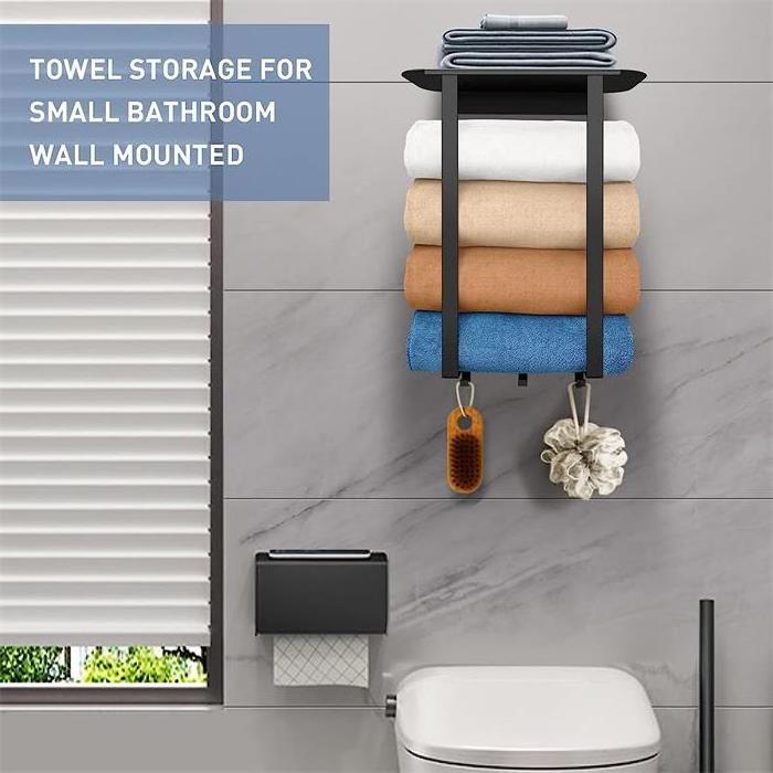 Cheap Black Towel Rack Wall Mounted Bathroom Towel Rack Shelf with Hooks Metal Towel Storage Rack