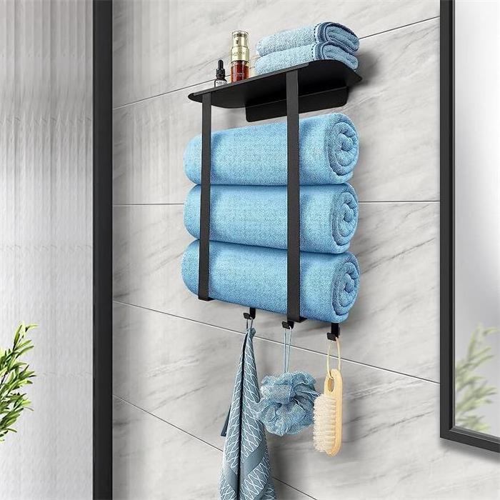 Cheap Black Towel Rack Wall Mounted Bathroom Towel Rack Shelf with Hooks Metal Towel Storage Rack