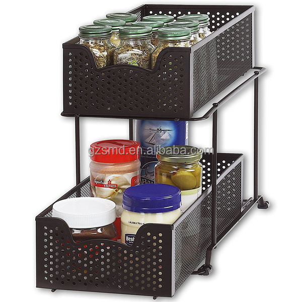 Kitchen Bathroom Cabinet Under the Sink Organizer 2 Tiers Under Sink Pull out Organizer Metal Mesh Under Sink Organizer