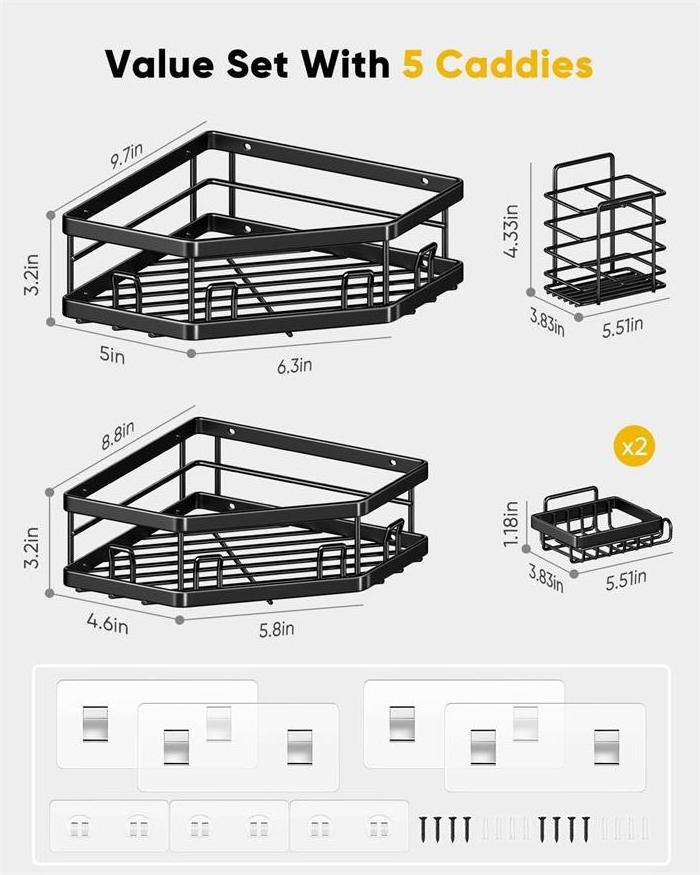 OEM ODM 2 Packs 4 Packs 5 Packs Shower Caddy Bathroom Organizer Adhesive Shower Caddy Rack Stainless Steel Corner Shower Caddy