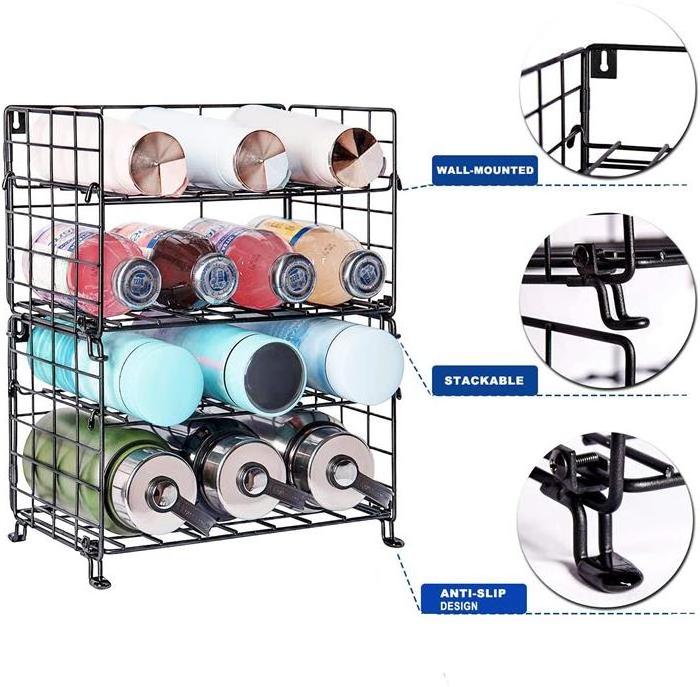 Black Metal Wire Water Bottle Organizer for Cabinet Adjustable Water Bottle Organizer Rack