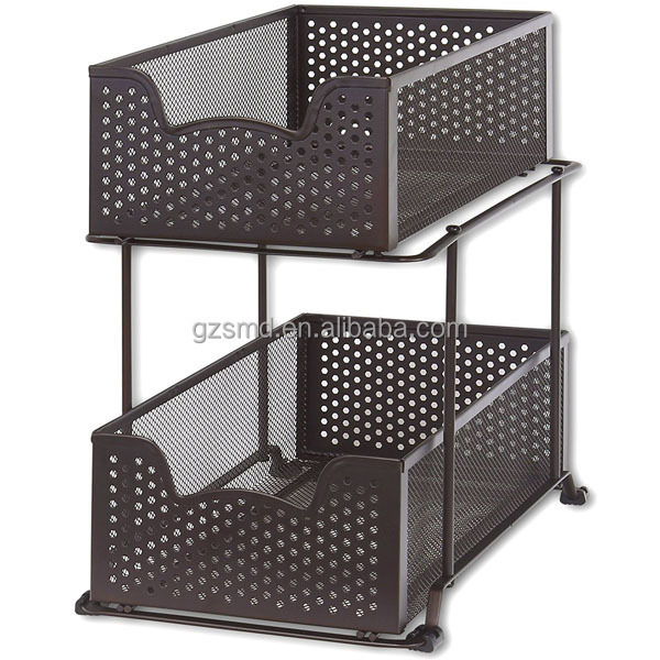 Kitchen Bathroom Cabinet Under the Sink Organizer 2 Tiers Under Sink Pull out Organizer Metal Mesh Under Sink Organizer