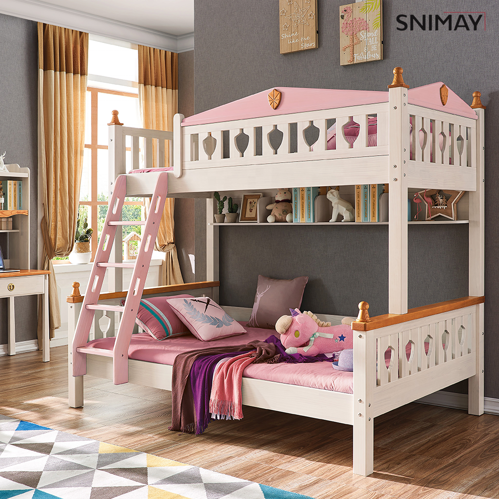 Kids Children Modern Solid Wood Bunk Bed Pink Princess Bed