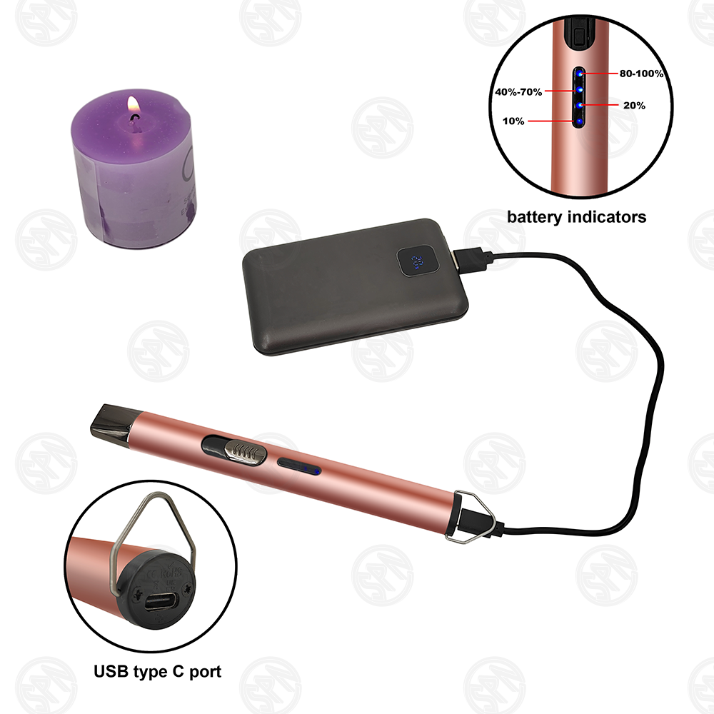 Long portable metal windproof Arc flame USB type C rechargeable lithium battery powered candle Lighter with battery indicator