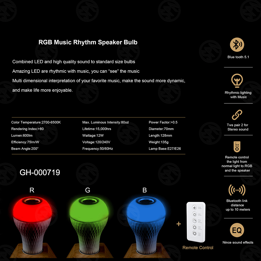 factory wholesale smart remote control living room musical RGB LED bulb with bt speaker