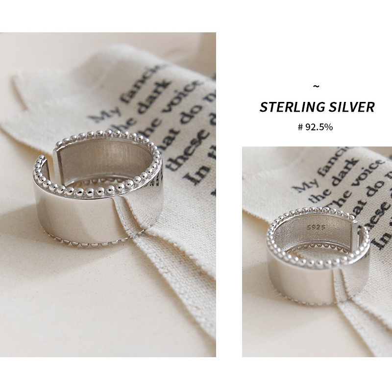 Korean S925 Sterling Silver Ring INS Simple Beads Side Glossy Female Ring Open Silver Ring