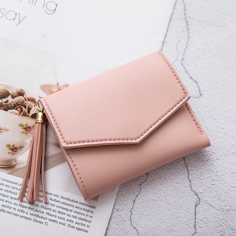 Wholesale short women's clutch Korean tassel money holder tri-fold wallet ladies coin purse female card holder wallets