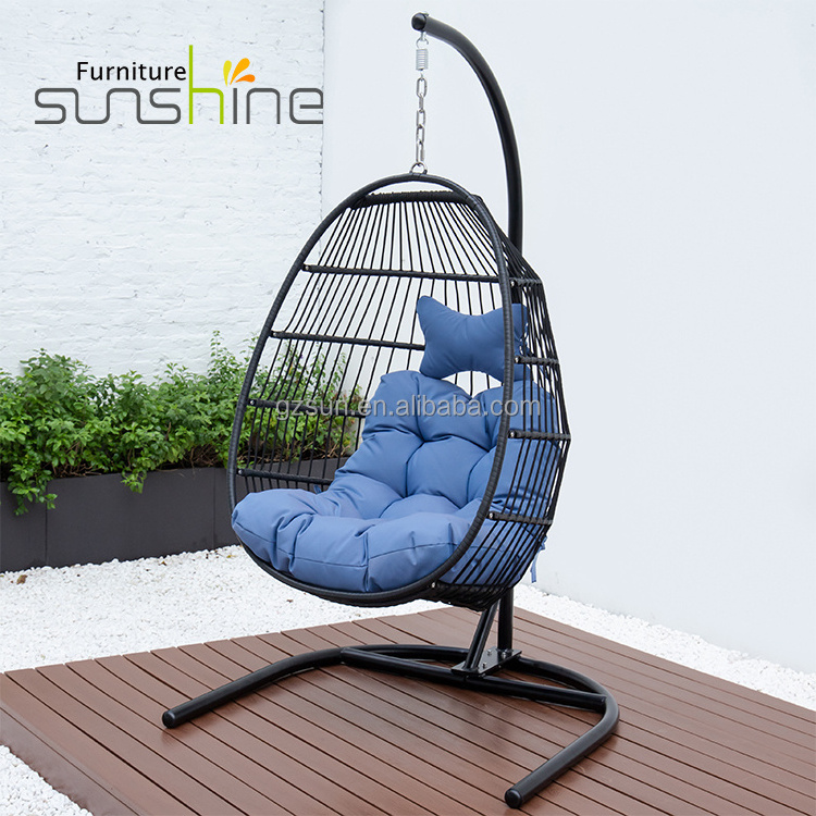 Wholesale Cheap Leisure Wicker Rattan Indoor Hanging Swing Egg Chair With Cushion And Pole And U shape Base