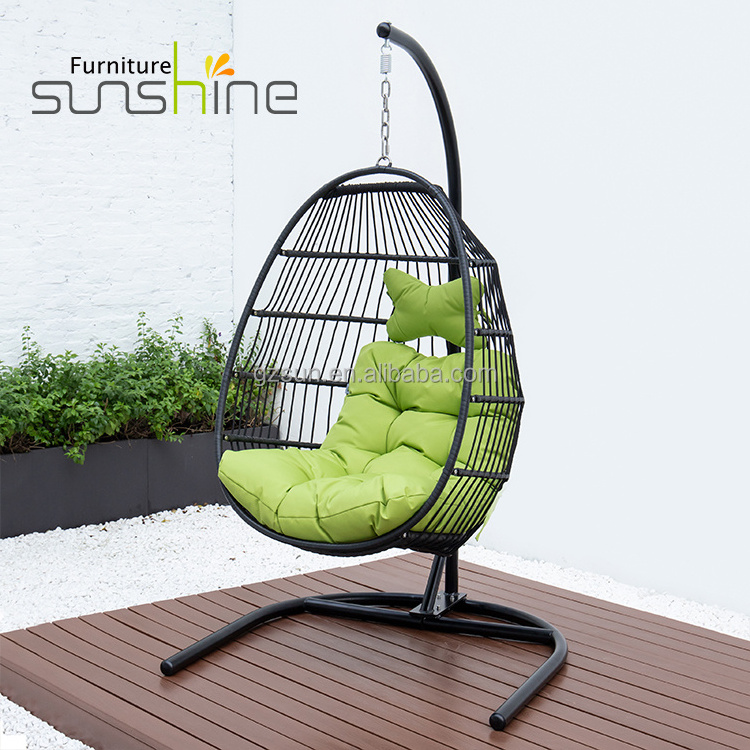 Wholesale Cheap Leisure Wicker Rattan Indoor Hanging Swing Egg Chair With Cushion And Pole And U shape Base