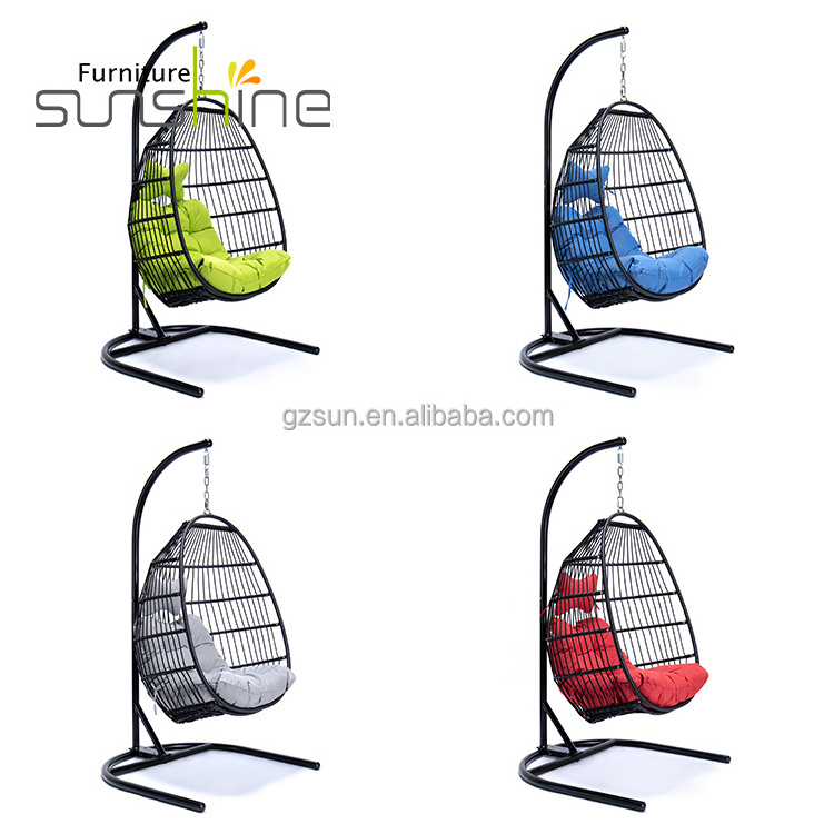 Wholesale Cheap Leisure Wicker Rattan Indoor Hanging Swing Egg Chair With Cushion And Pole And U shape Base