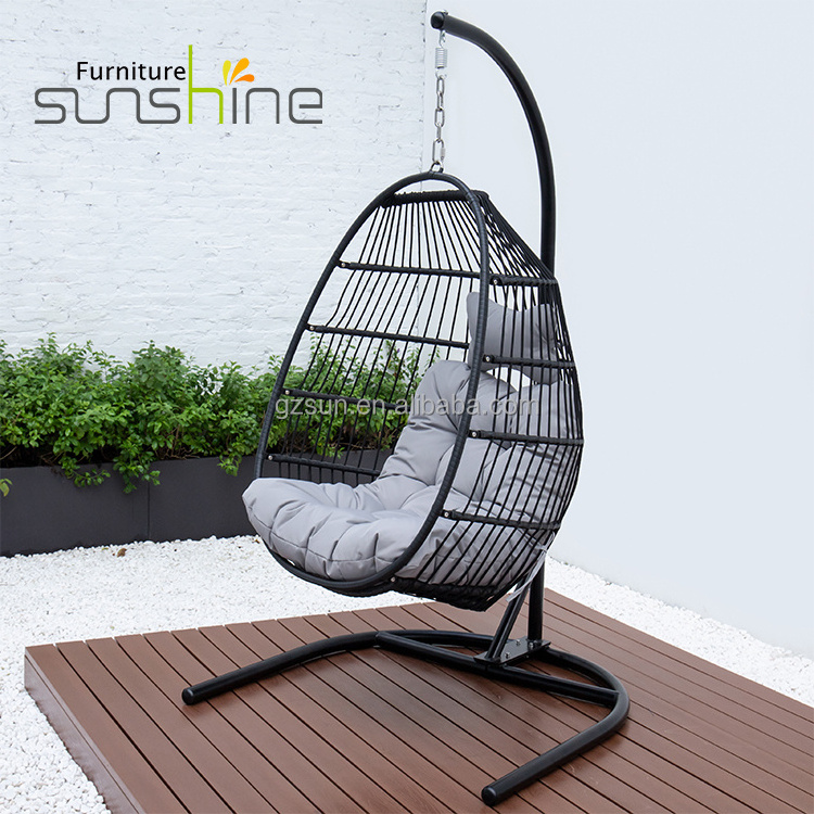 Wholesale Cheap Leisure Wicker Rattan Indoor Hanging Swing Egg Chair With Cushion And Pole And U shape Base