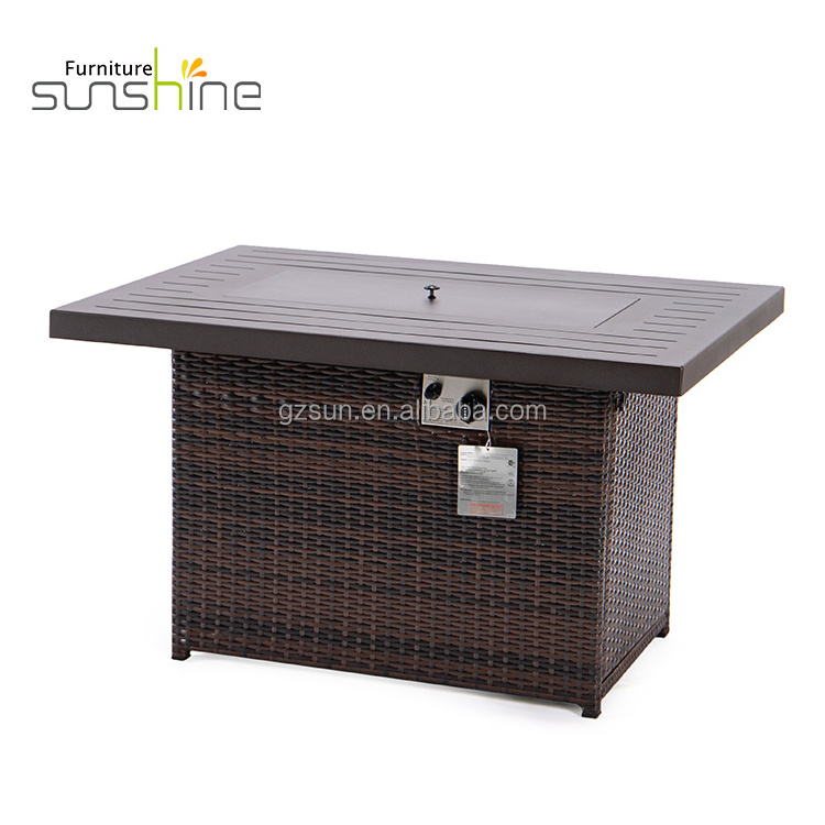 Rattan Fireplace Fire Pit Outdoor Gas Table Set Aluminum Top Gas Fire Pit Tables 55000 Btu