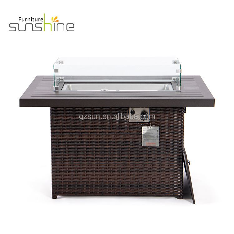 Rattan Fireplace Fire Pit Outdoor Gas Table Set Aluminum Top Gas Fire Pit Tables 55000 Btu