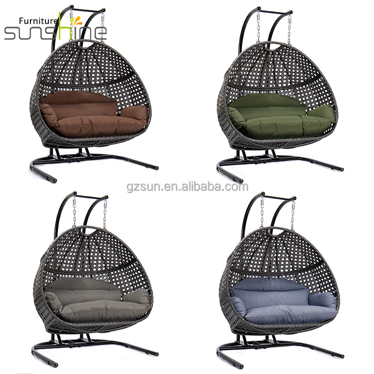 Outdoor Hotel Balcony Furniture 2 Person Swing Seat Patio Hanging Rattan Swing Egg Chair With Stand