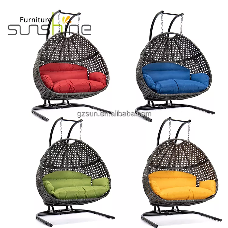 Outdoor Hotel Balcony Furniture 2 Person Swing Seat Patio Hanging Rattan Swing Egg Chair With Stand