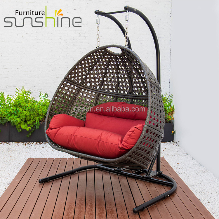 Wholesale Red Hanging Egg Chair Rattan Swivel Patio Garden Swing Chair For Adult Double