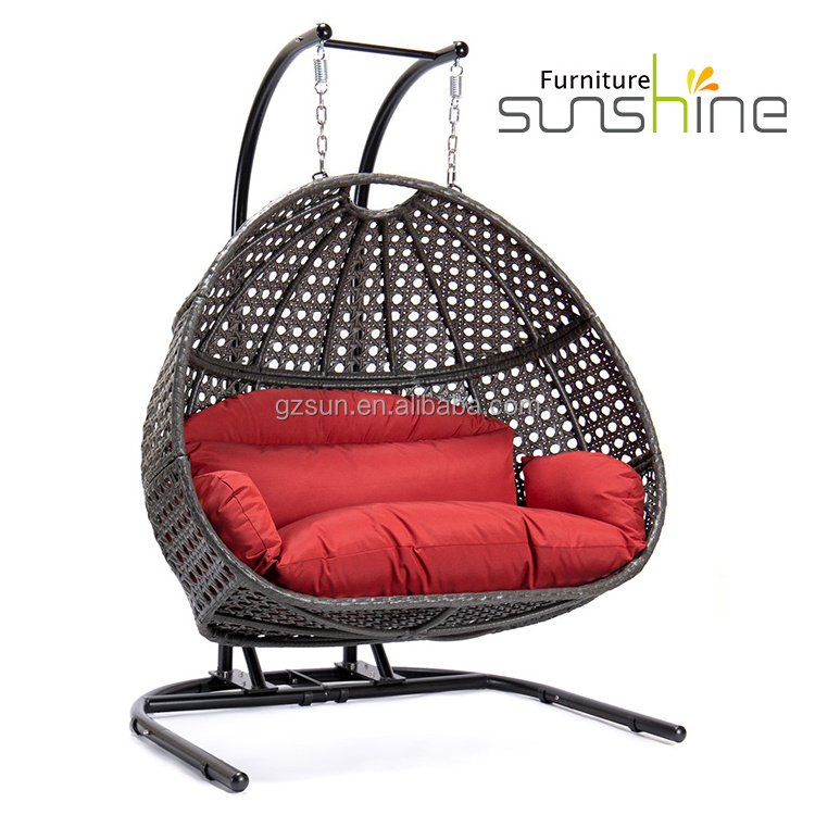 Wholesale Red Hanging Egg Chair Rattan Swivel Patio Garden Swing Chair For Adult Double