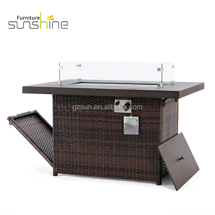 Square Gas Fire Pit Dinning Table Tempered Glass Tabletop Guard Wicker Rattan Propane Fire Pit Table