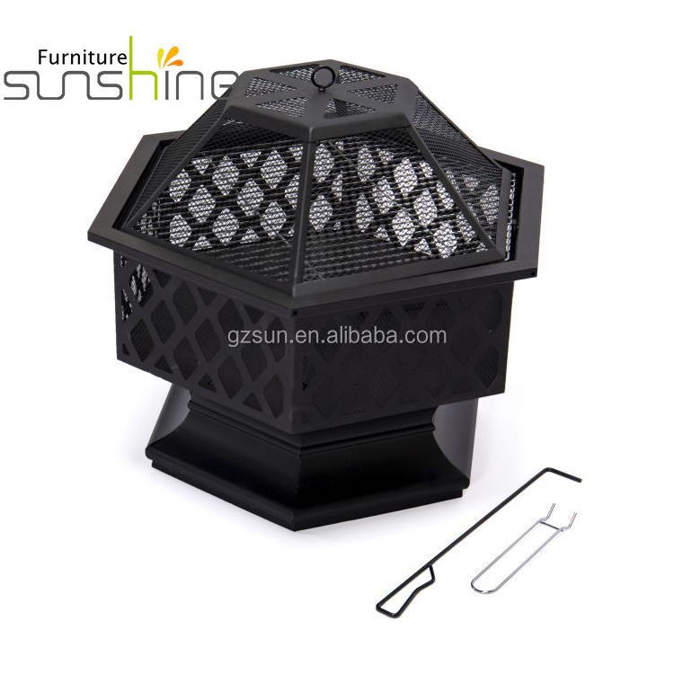 Backyard Firepits Black Hexagon Steel Grill Round Steel Deep Bowl For Outdoor Wood Stove With Mesh Lid