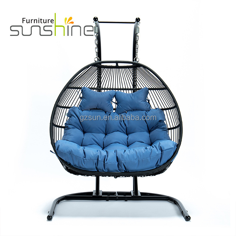 Outdoor Rattan Garden Double Seater Swing Egg Chair Foldable With Metal Stand