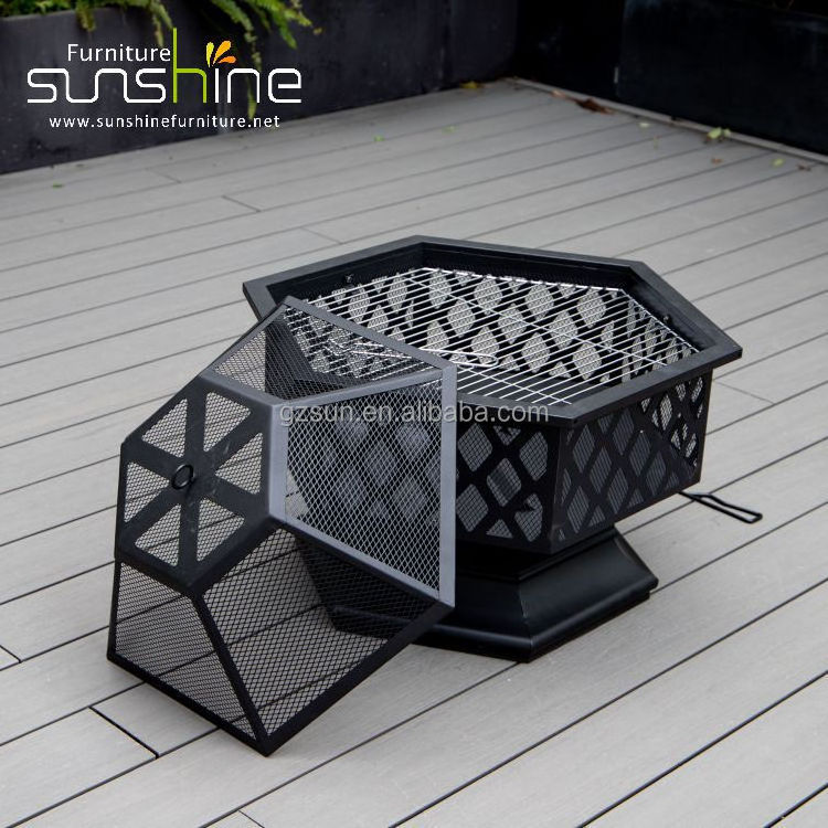 Backyard Firepits Black Hexagon Steel Grill Round Steel Deep Bowl For Outdoor Wood Stove With Mesh Lid