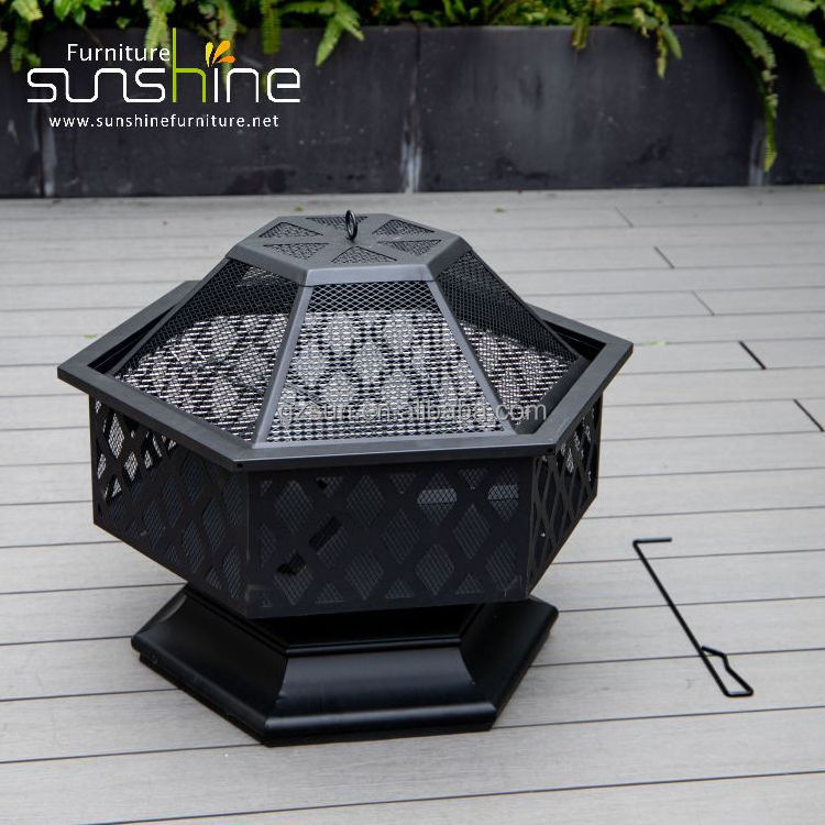 Backyard Firepits Black Hexagon Steel Grill Round Steel Deep Bowl For Outdoor Wood Stove With Mesh Lid