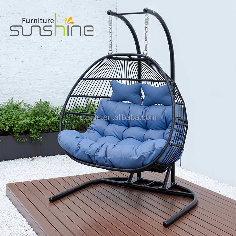 Outdoor Rattan Garden Double Seater Swing Egg Chair Foldable With Metal Stand