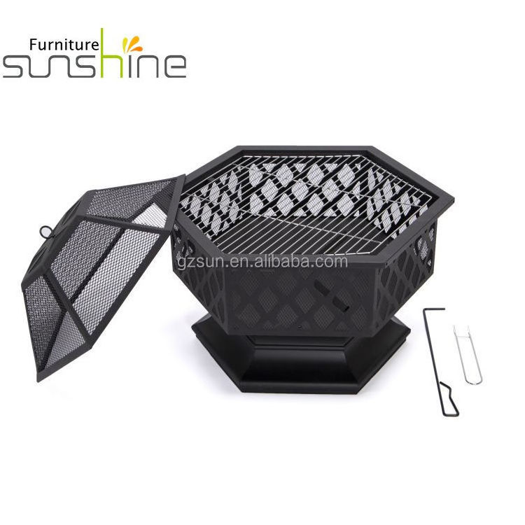 Backyard Firepits Black Hexagon Steel Grill Round Steel Deep Bowl For Outdoor Wood Stove With Mesh Lid