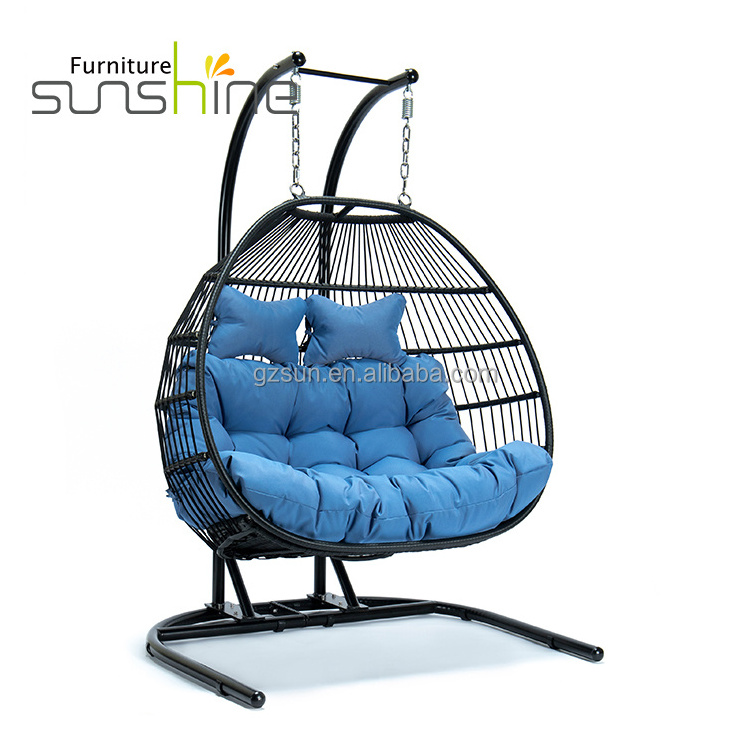 Outdoor Rattan Garden Double Seater Swing Egg Chair Foldable With Metal Stand