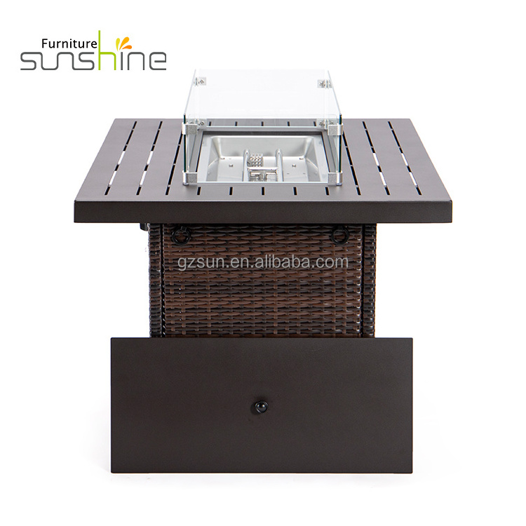 Square Gas Fire Pit Dinning Table Tempered Glass Tabletop Guard Wicker Rattan Propane Fire Pit Table