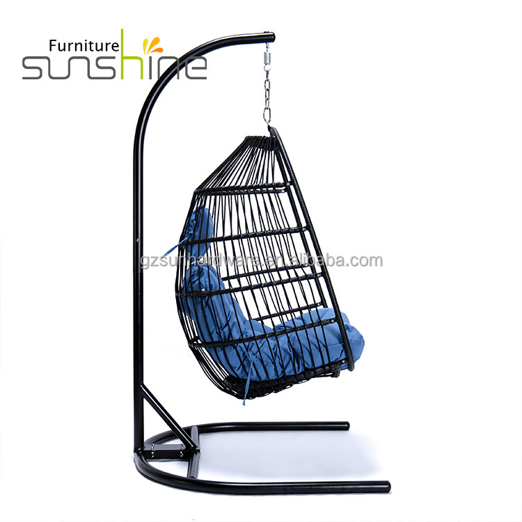 Outdoor Patio Furniture Single Seat Egg Shape Cushions With PP Cotton Filling Rattan Hanging Egg Swing Chair With Metal Stand