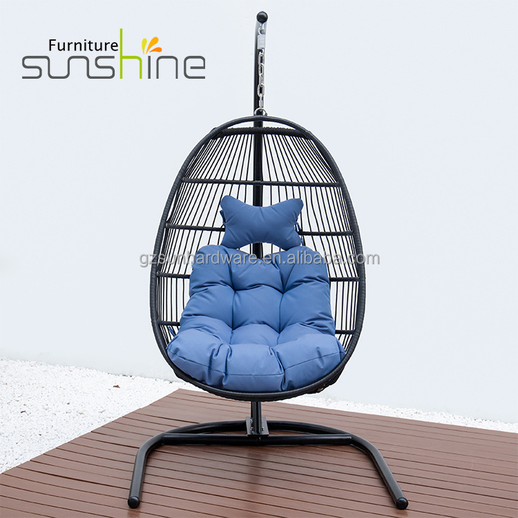 Outdoor Patio Furniture Single Seat Egg Shape Cushions With PP Cotton Filling Rattan Hanging Egg Swing Chair With Metal Stand