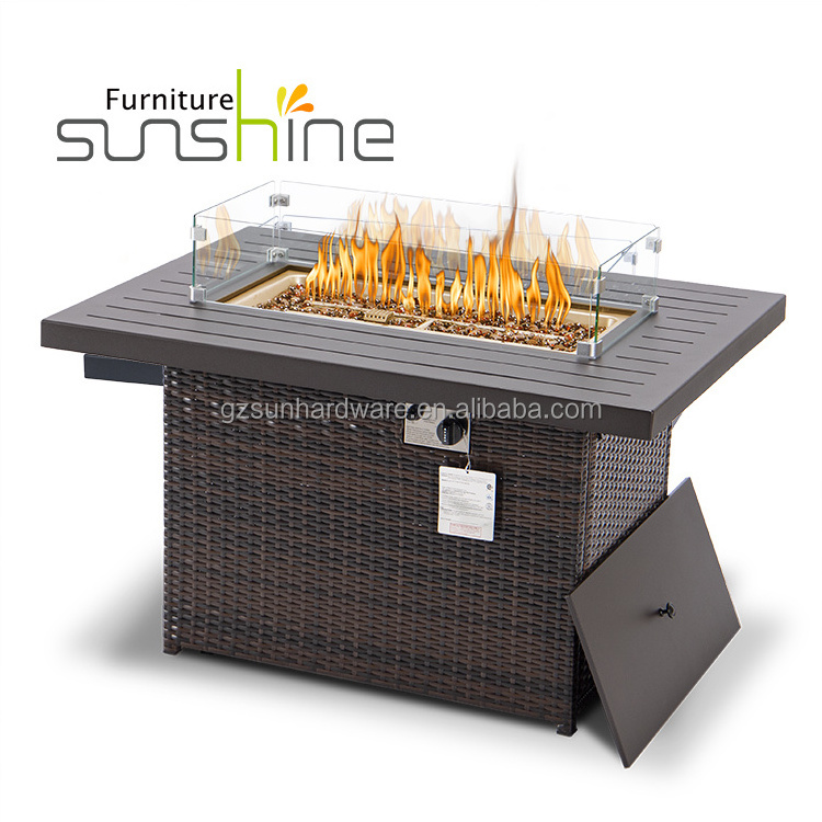 Outdoor Furniture Rattan Pe Wicker Gas Fire Pit Table Gas Fire Dinning Table With Round Burner Kit