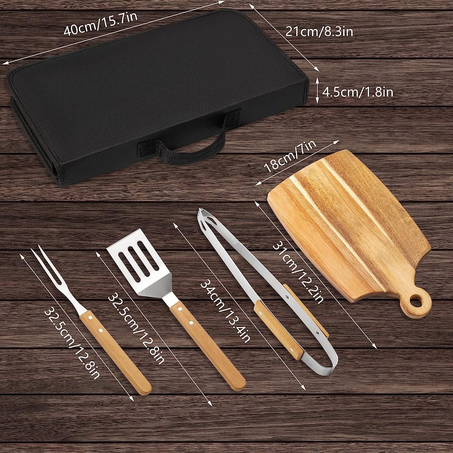 Deluxe BBQ Tool Grill Accessories Set 4PCS Grilling Kit Barbeque Tools with Wood Chopping Board