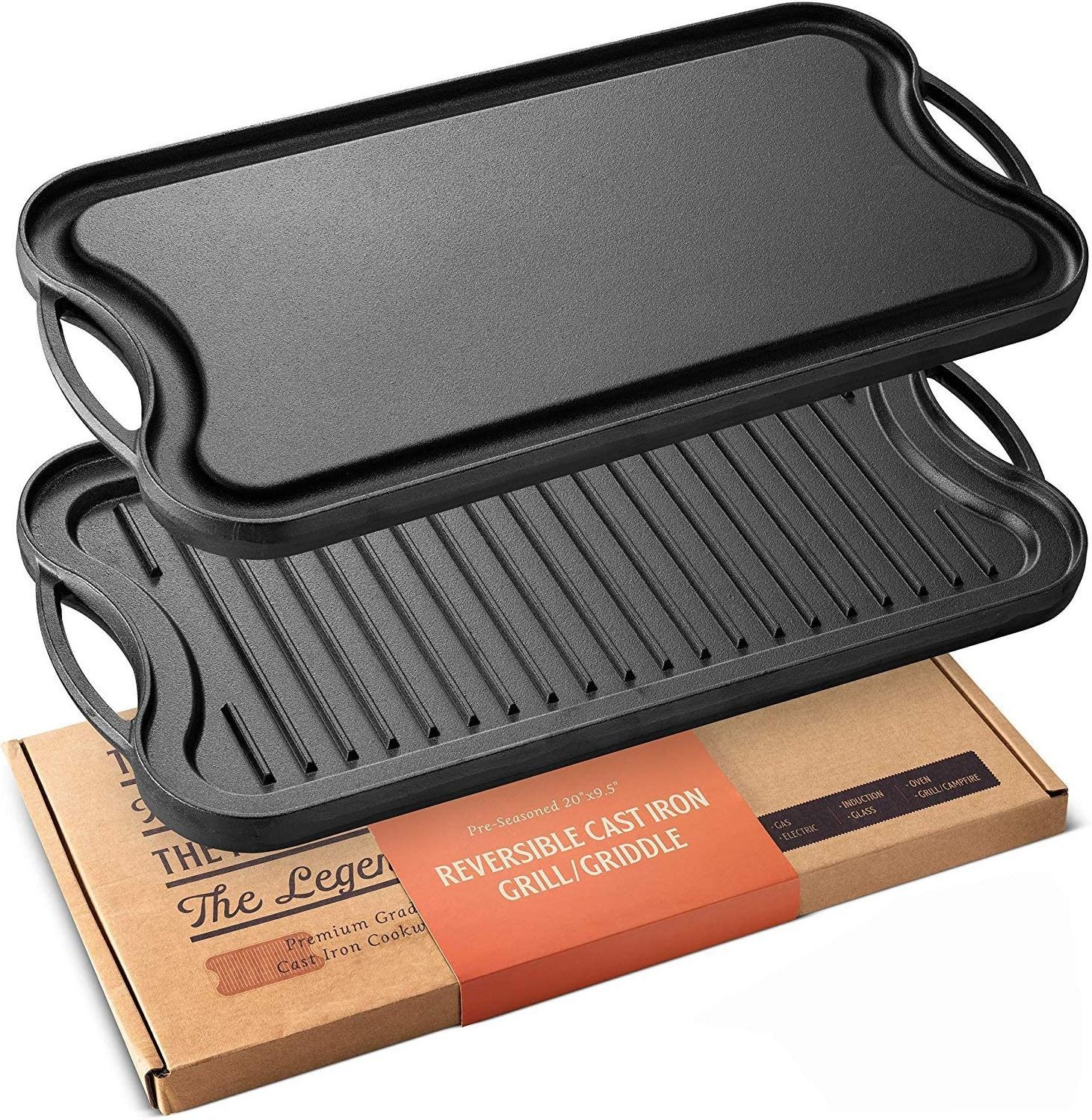 Cast Iron Double Griddle pan grill plate for Gas Stove 2-in-1 Cast Iron Grill Pan