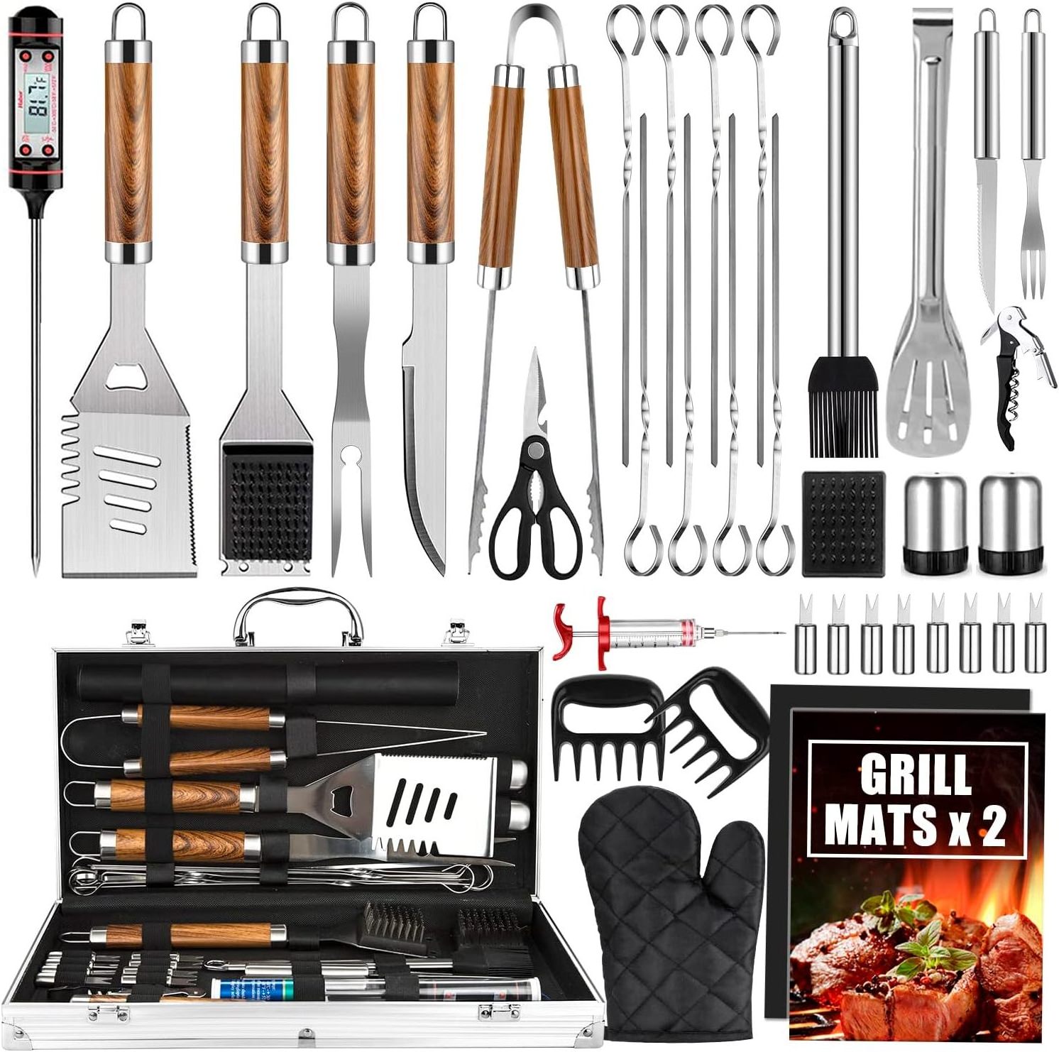 Factory Price 38pcs BBQ Accessories Kit Stainless Steel bbq Grill Tools Set With Wooden Handle For Camping