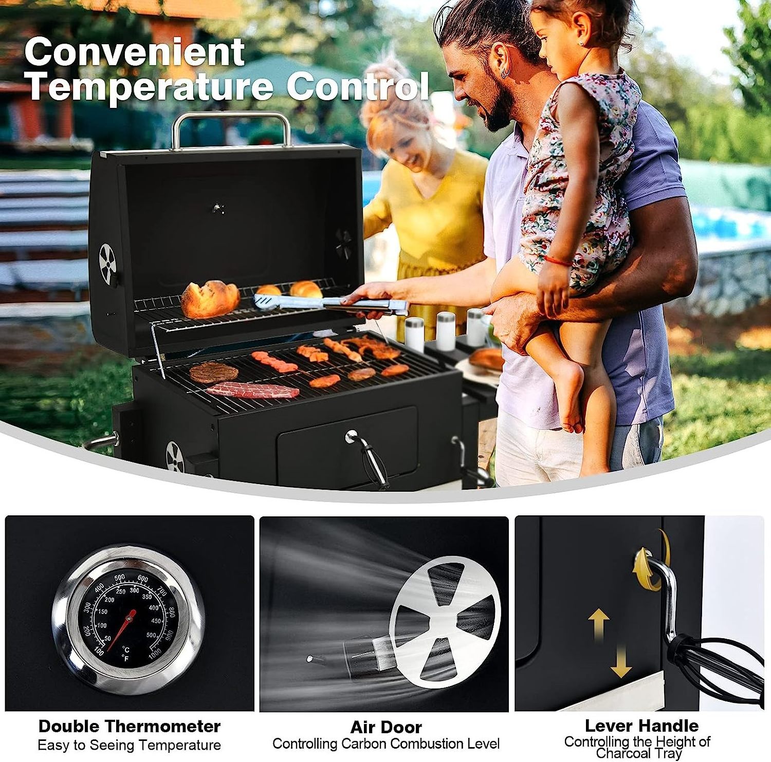 Garden heavy duty bbq offset smoker charcoal grill trolley barbecue Grill with chimney for backyard