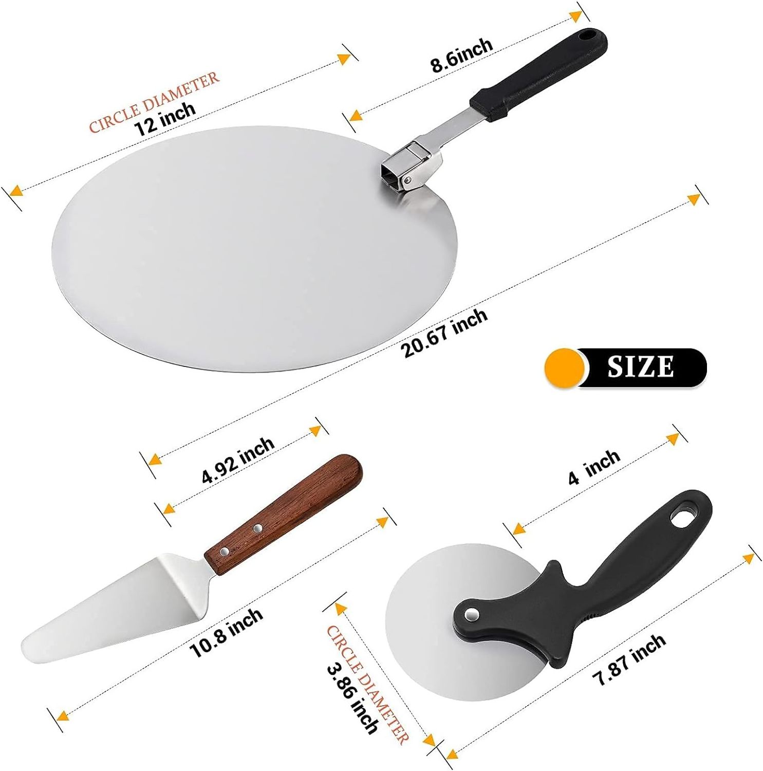 Round Sliding Pizza Set Stainless Steel Pizza Peel Roll Knife Cutter and Super Pizza Shovel with bottle opener