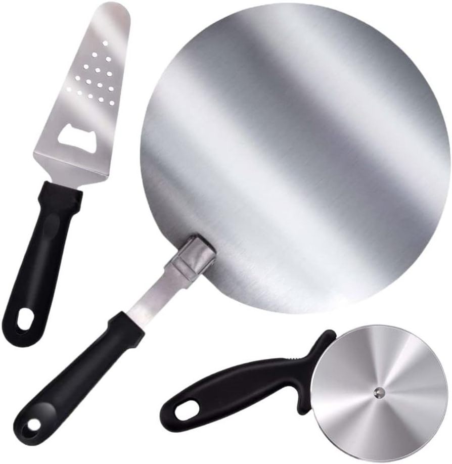 Round Sliding Pizza Set Stainless Steel Pizza Peel Roll Knife Cutter and Super Pizza Shovel with bottle opener