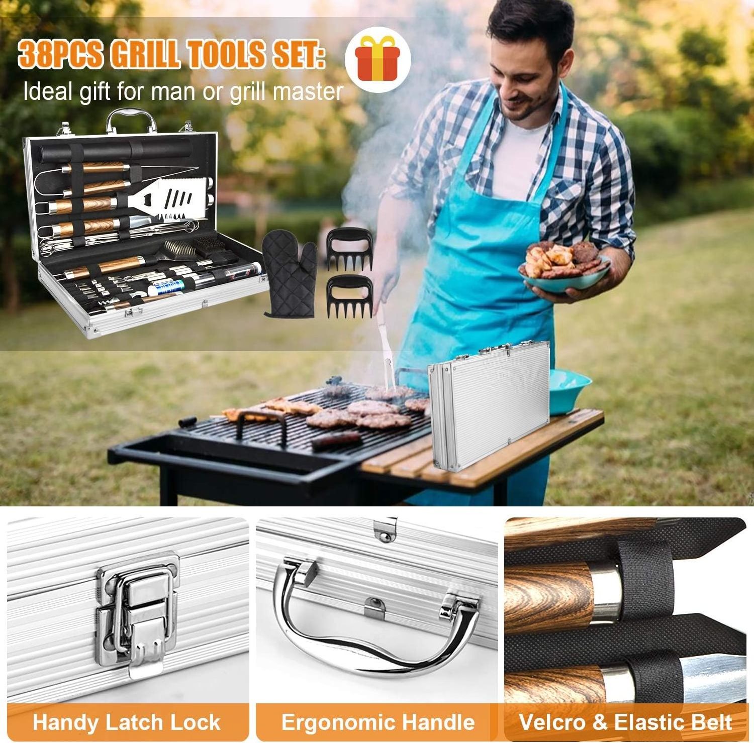 Factory Price 38pcs BBQ Accessories Kit Stainless Steel bbq Grill Tools Set With Wooden Handle For Camping