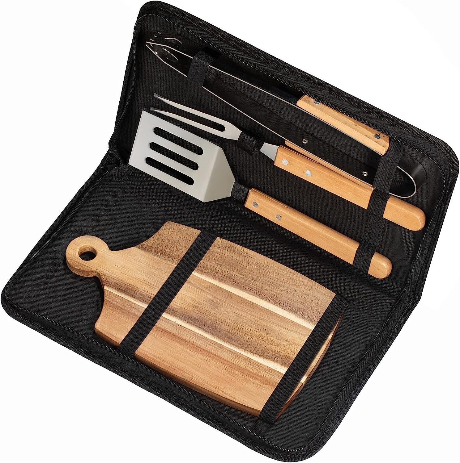 Deluxe BBQ Tool Grill Accessories Set 4PCS Grilling Kit Barbeque Tools with Wood Chopping Board