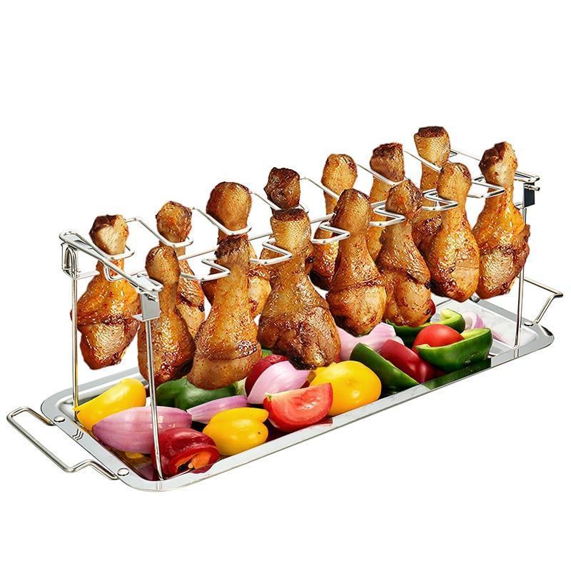 Stainless steel roasted chicken legs wing grill rack holder with Drip Tray For BBQ COOKING