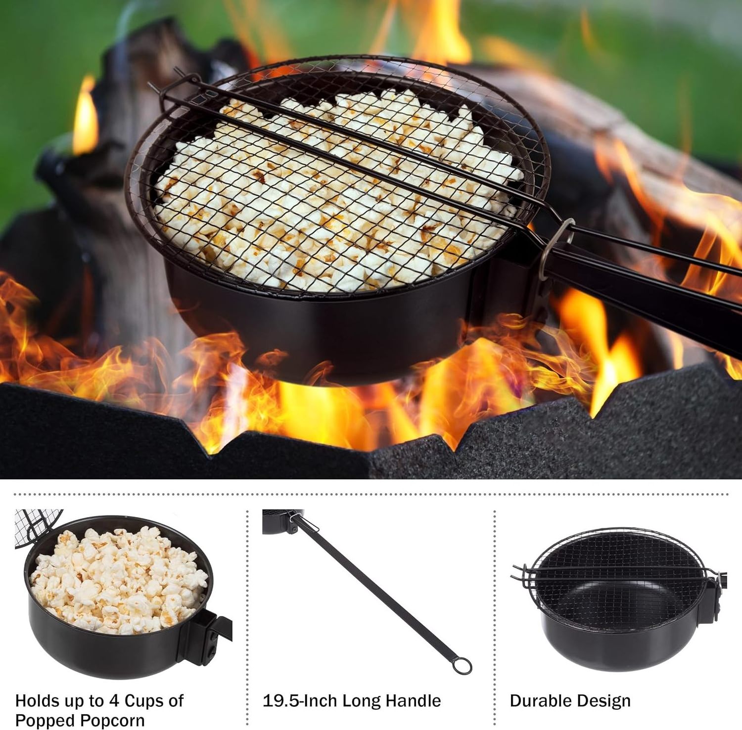 Outdoor Cooking Carbon Steel Popcorn Popper Campfire Popcorn Pan With Mesh Cover For Fire Pit