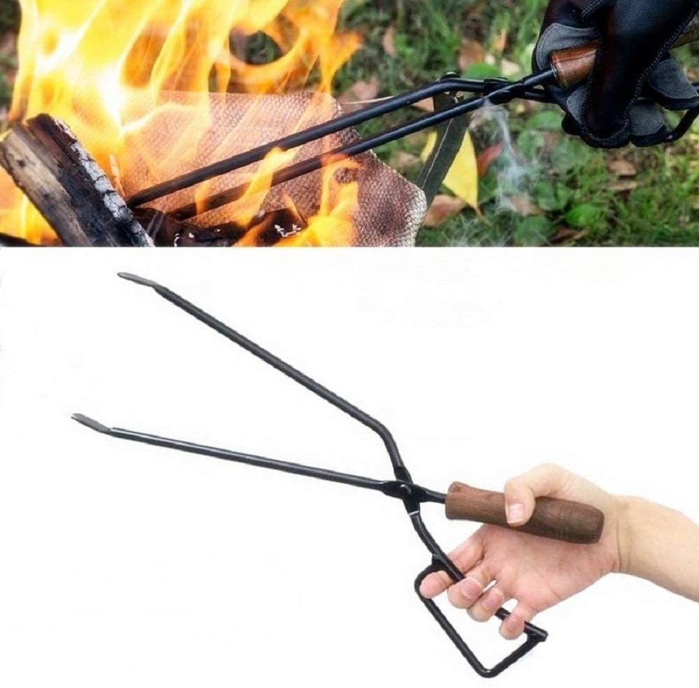 Outdoors Fireplace tool Charcoal Tongs Heavy metal steel with wooden handle