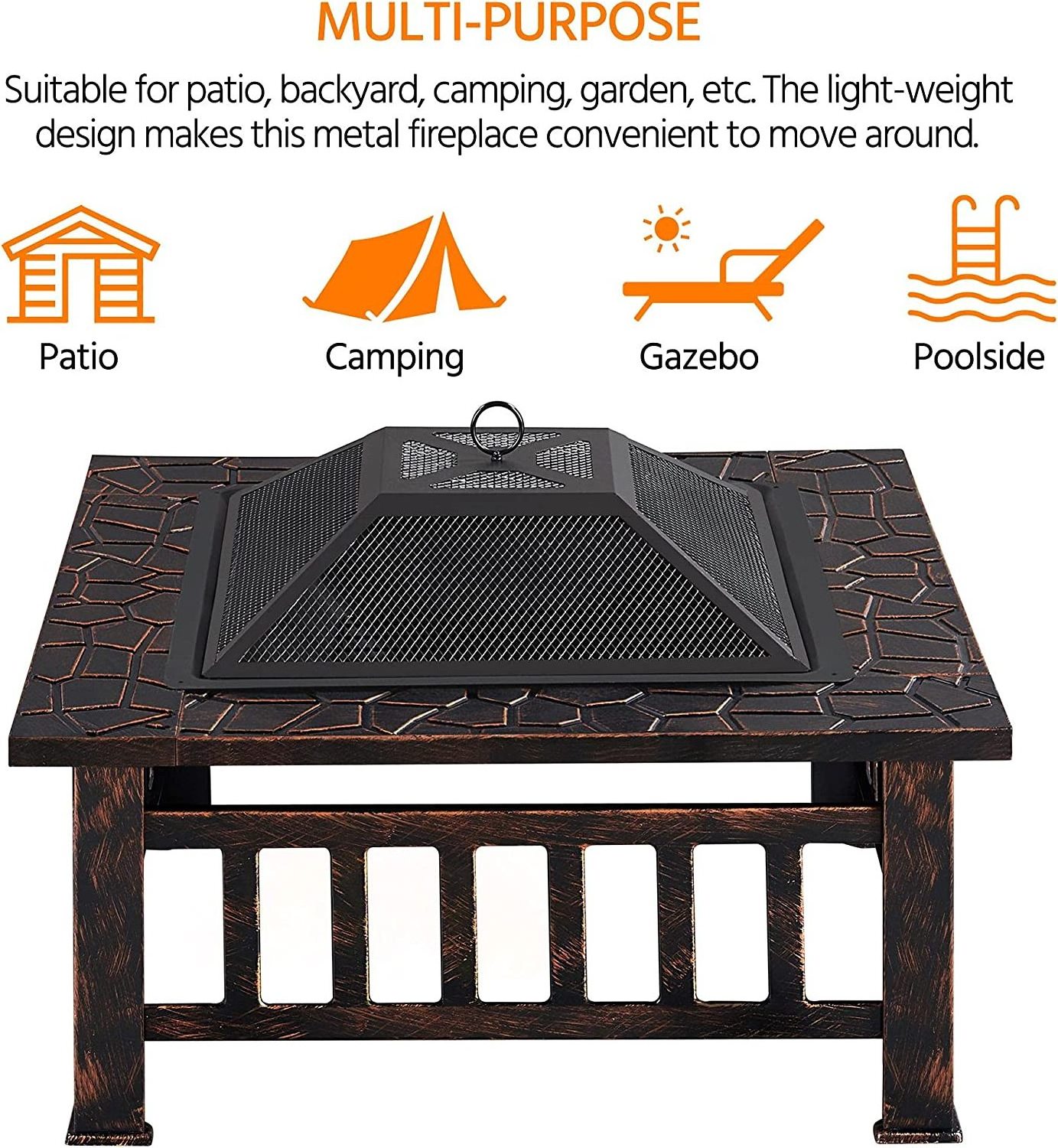 Backyard 32Inch Garden Square mosaic wood burning Fire Pit With Cover for patio