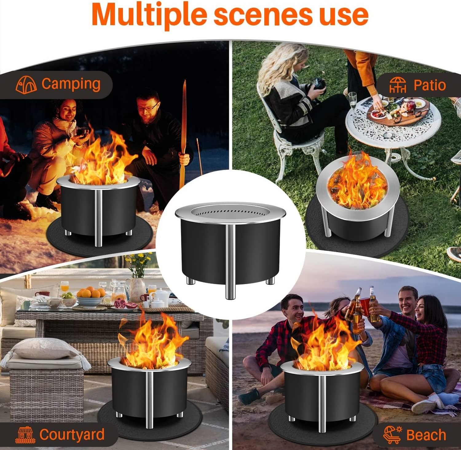 Outdoor Portable Fire Pit Smokeless Large 304 Stainless Steel Fire bowl Low Smoke Fireplace with Stand