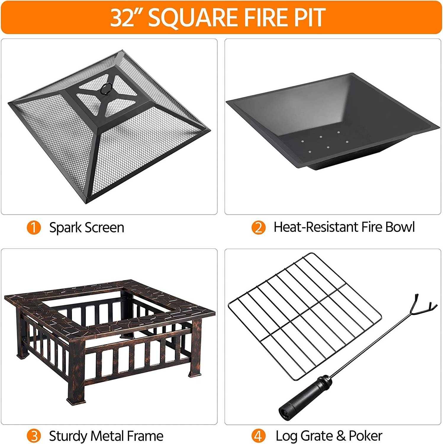 Backyard 32Inch Garden Square mosaic wood burning Fire Pit With Cover for patio