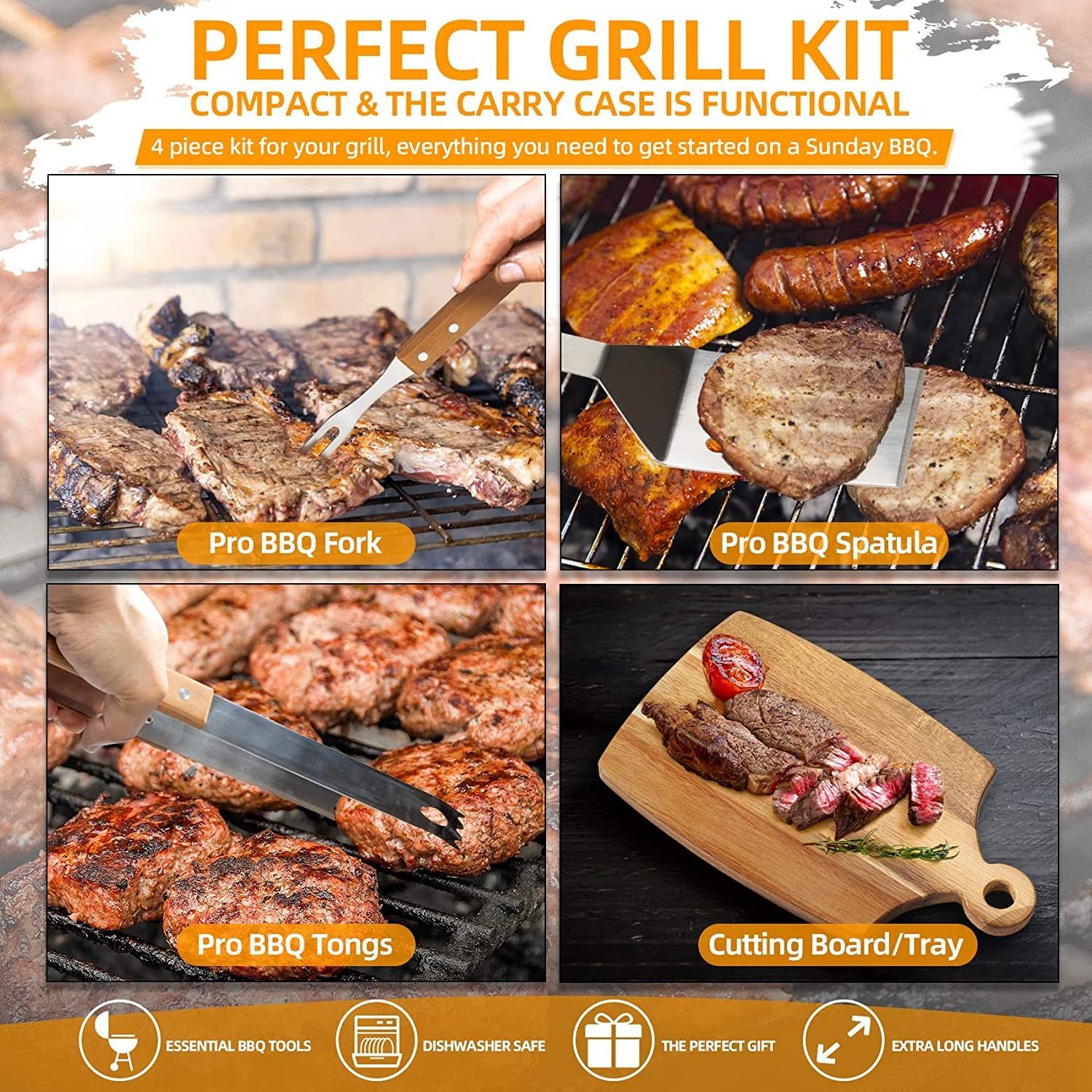 Deluxe BBQ Tool Grill Accessories Set 4PCS Grilling Kit Barbeque Tools with Wood Chopping Board